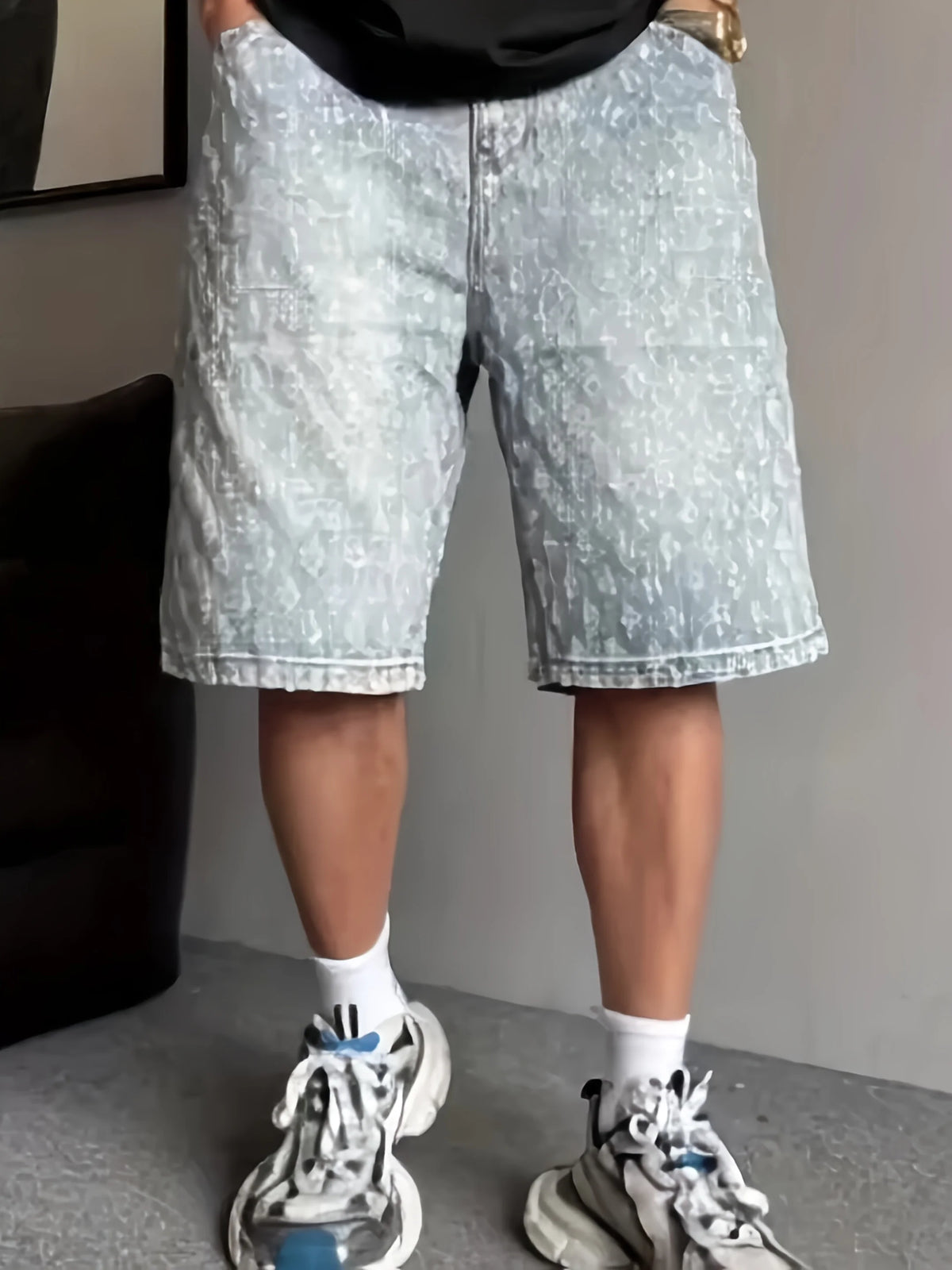 Vintage Summer 2025 American-Style Full-Print Jacquard Denim Shorts, Thin Design, Loose Trendy Brand Five-Point Pants