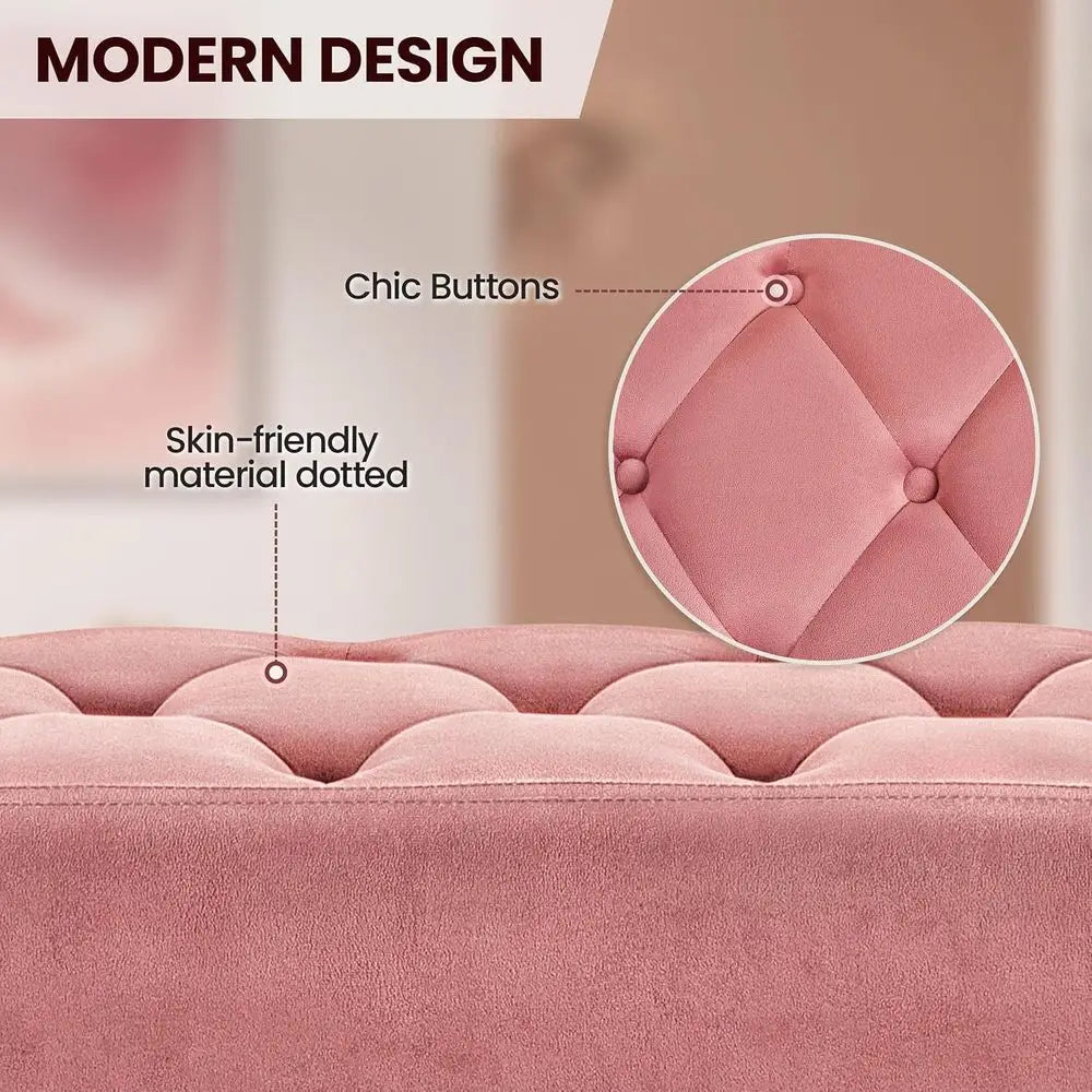 45 Upholstered Button-Tufted Ottoman Bench, Metal Legs, Suitable for End of Bed or Living Room, Pink Velvet Fabric