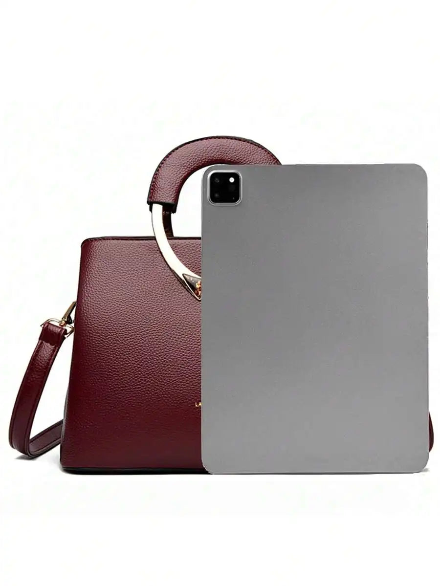 Burgundy Top-Handle Handbag with Metal Arch Handle and Textured Faux Leather