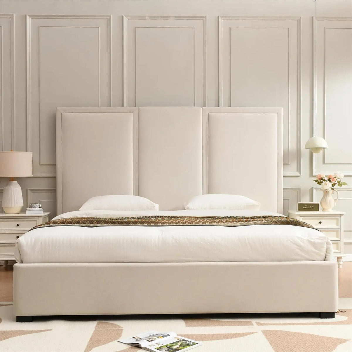 King Size Upholstered Platform Bed Frame with 64-inch High Headboard Storage Drawers Wood Slat Support No Noise Customized