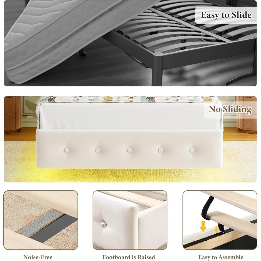 Modern Butterfly Upholstered Twin Bed Frame with LED Lights, Button Tufted Headboard, Footboard, Slats Support, No Box Spring Ne