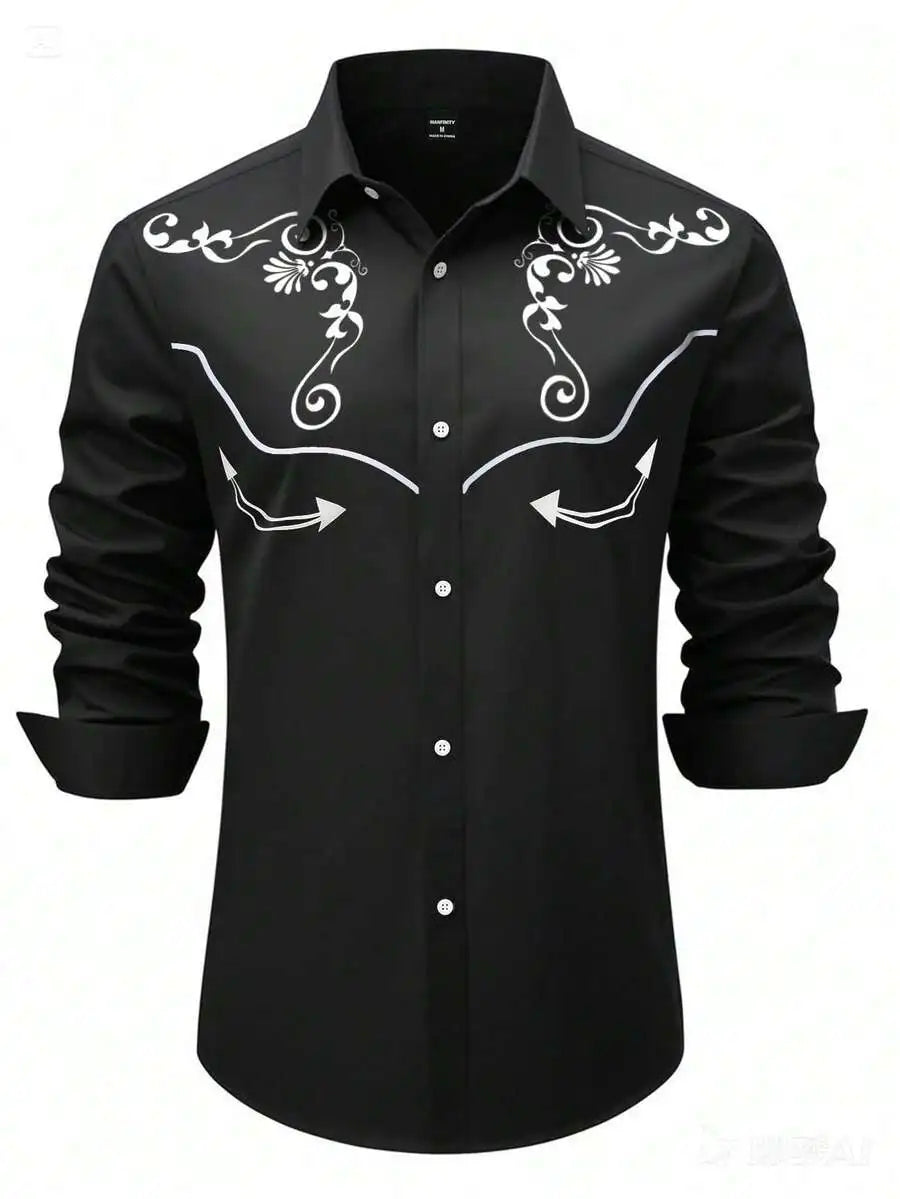 Men's Western Style Contrast Color Embroidered Yoke Shirt, Long Sleeve Casual Top