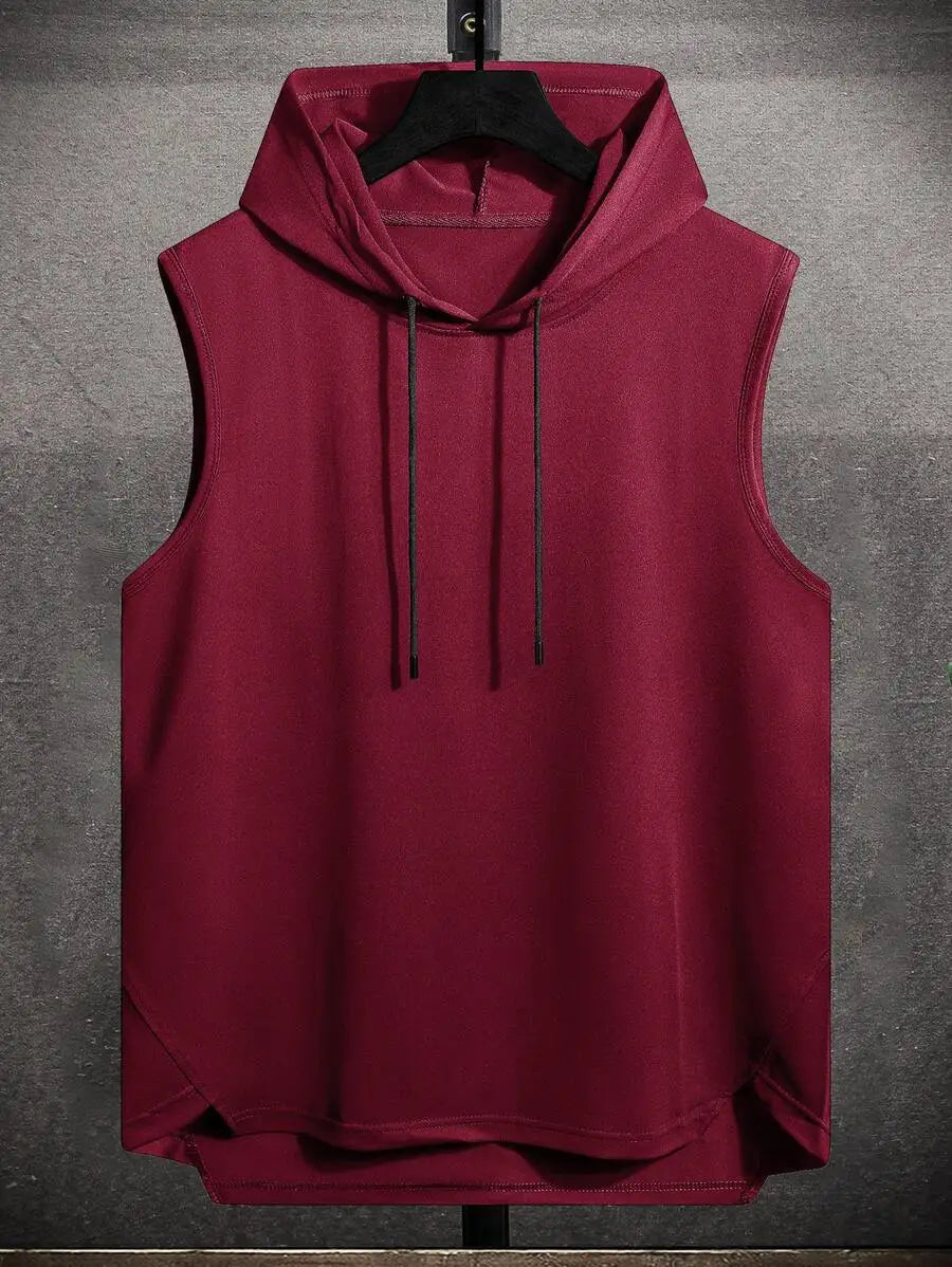 Men's Black Sleeveless Hooded Tank Top with Drawstring and High-Low Hem
