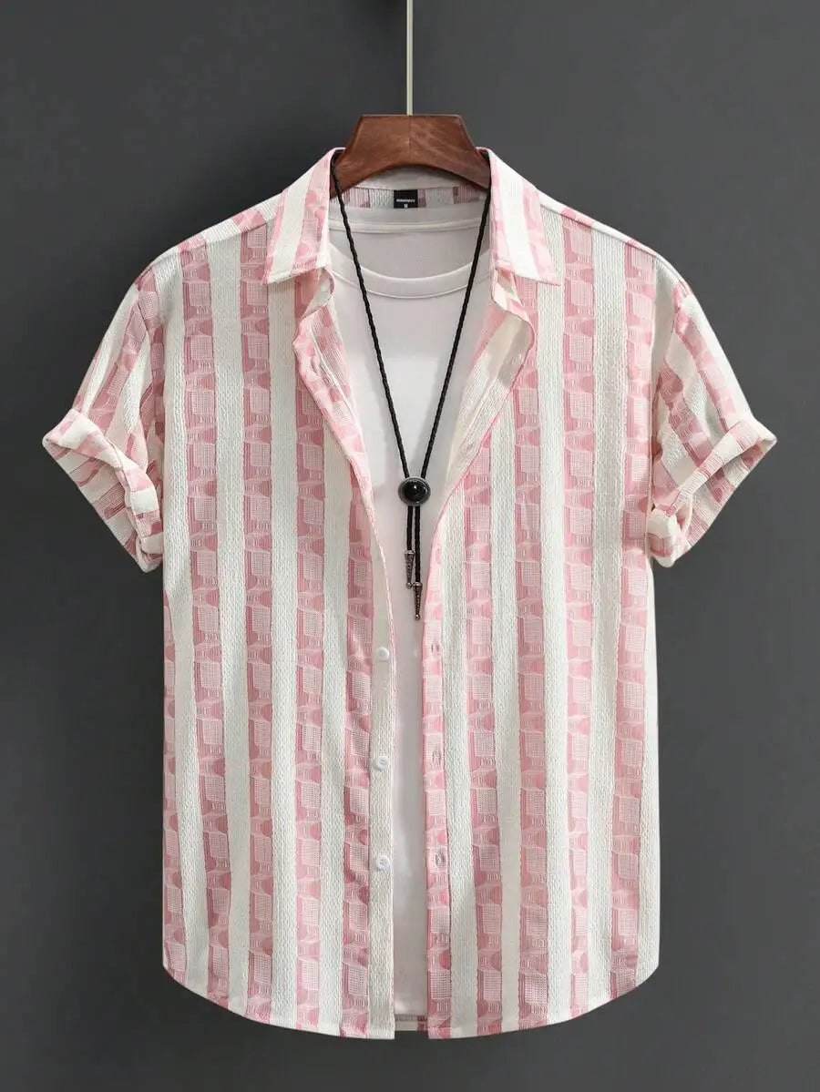 Men's Black Short Sleeve Button-Up Shirt with Cat Graphic Print
