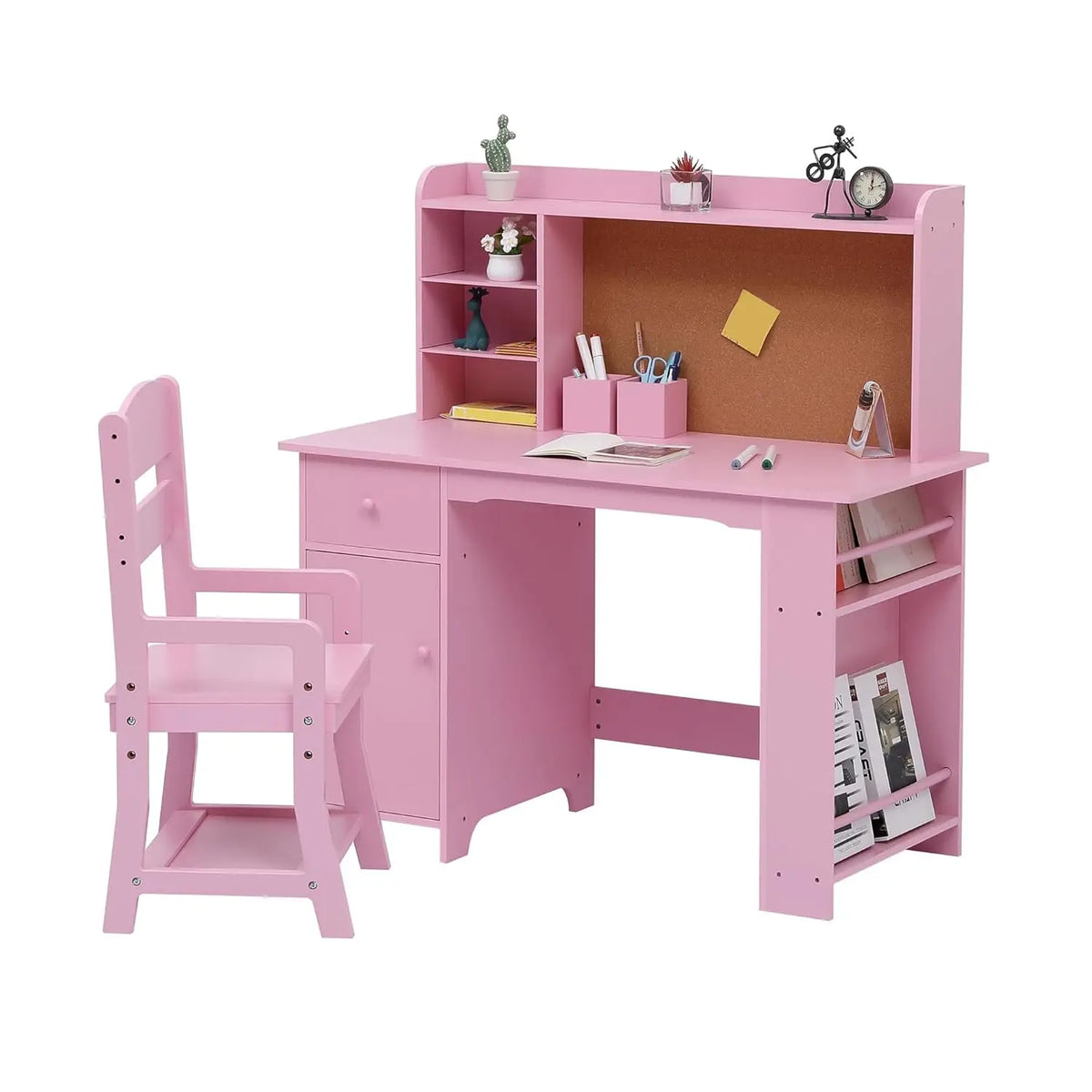 Kids Desk, Study Desk and Chair Set for Boys and Girl, Wooden Kids Writing Table with Bookshelf, Bulletin Board, Cabinet and Dra