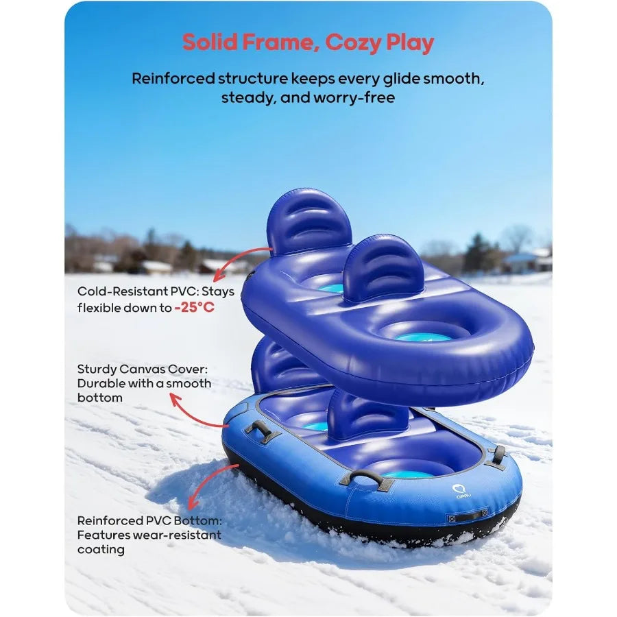 2-Person Inflatable Snow Tube with Dual Backrests & Tow Rope, Heavy Duty Canvas-Covered Blow Up Snow Sled with Handles, Fast Inf