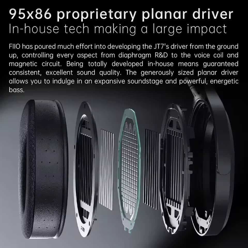 FiiO JT7 Over-Ear Planar Magnetic Audiophile HIFI Headphones with 95x86mm Planar Driver,Adjustable Headband,4.4mm/3.5mm Cable