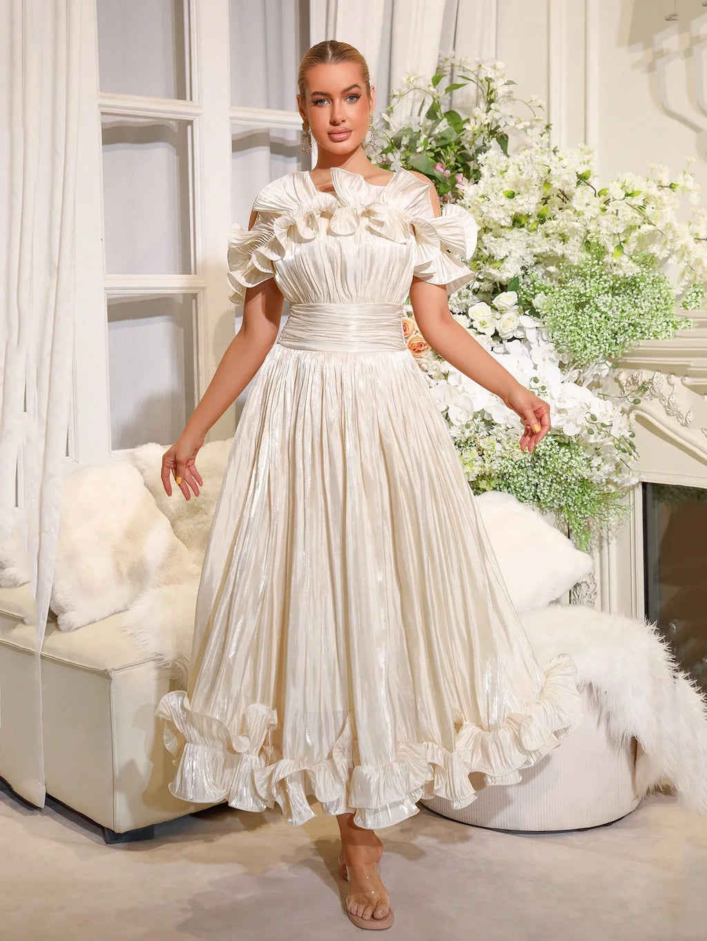 Off-Shoulder Pleated Ruffle Waist-Cinched Flared Evening Gown For Bridesmaid