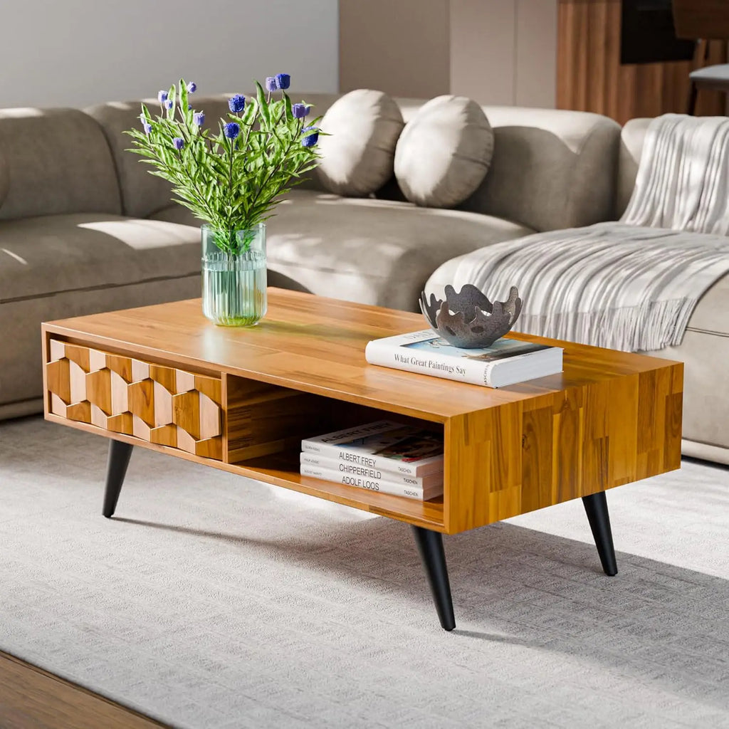 BestsellerSolid Wood Coffee Table, 2 Drawers & Open Shelves, Mid Century Modern Center Table, 110 cm, Teak Brown, Pre-Assembled