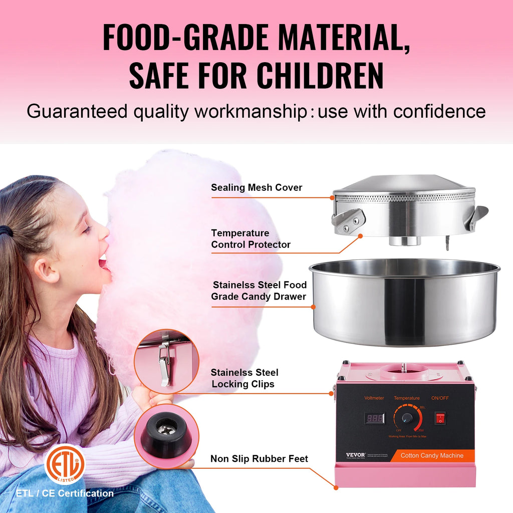 SucceBuy Electric Cotton Candy Machine Candy Floss Maker Commercial Cotton Candy Machine w/ Stainless Steel Bowl and Sugar Scoop