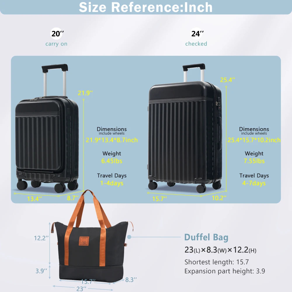 3PCS Front Opening Hardside Expandable Luggage Set Carry on Suitcase USB Port TSA Lock Spinner Wheels & Handle Bag