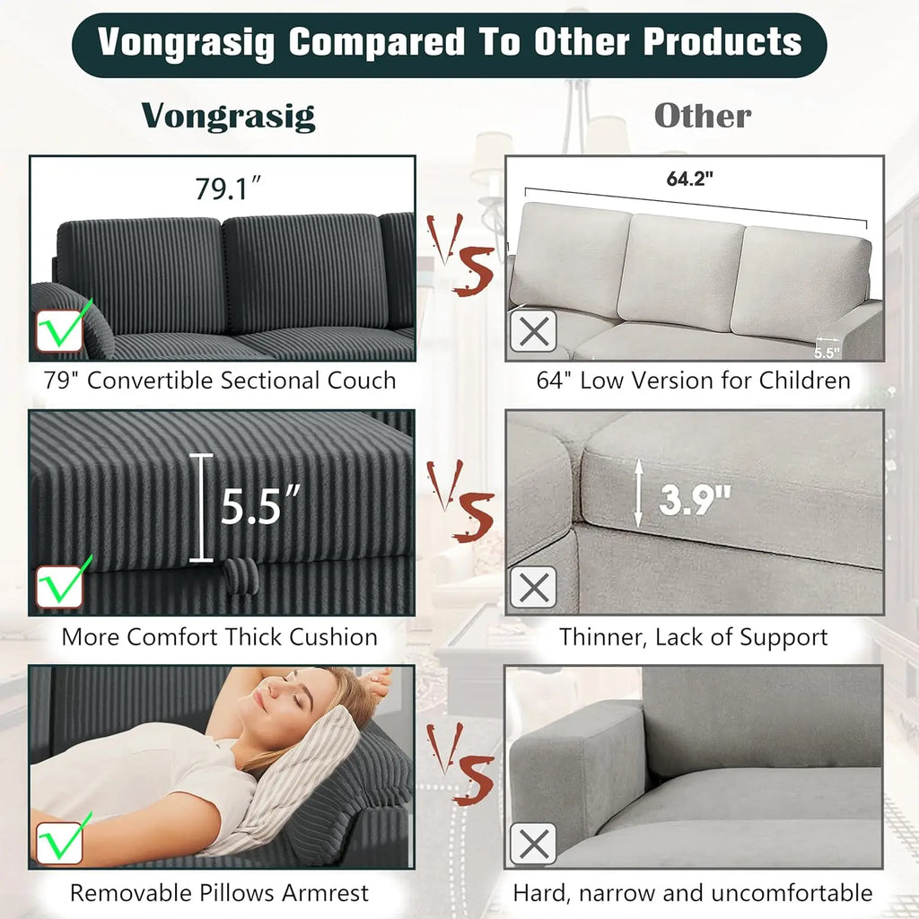 79" Convertible Sectional Sofa L Shape Storage Ottoman Side Pocket Small Living Room Apartment Grey Customized