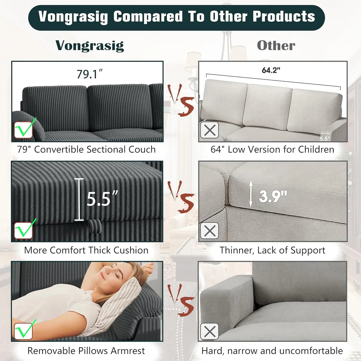 79" Convertible Sectional Sofa L Shape Storage Ottoman Side Pocket Small Living Room Apartment Grey Customized