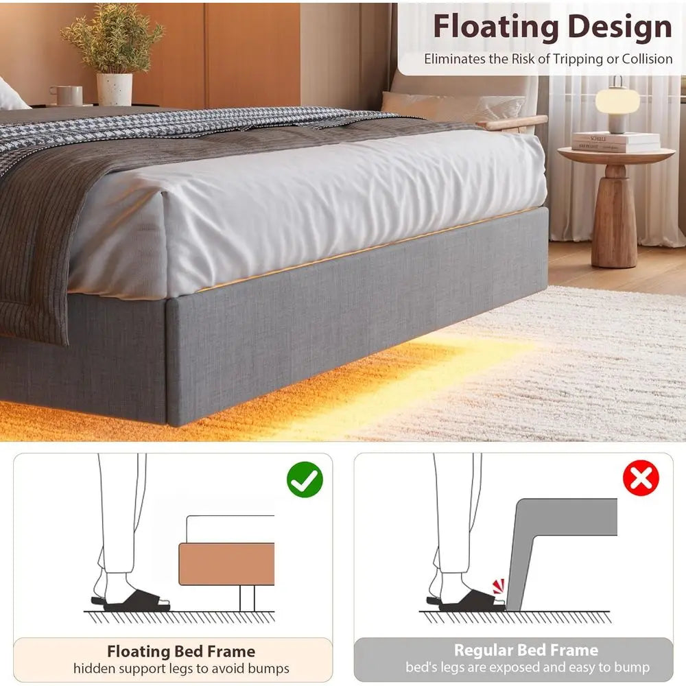 GarveeHome loating Bed e King with LED Lights & USB Charging Station – ern Upholstered Platorm Bed with board, Solid Wood Slats