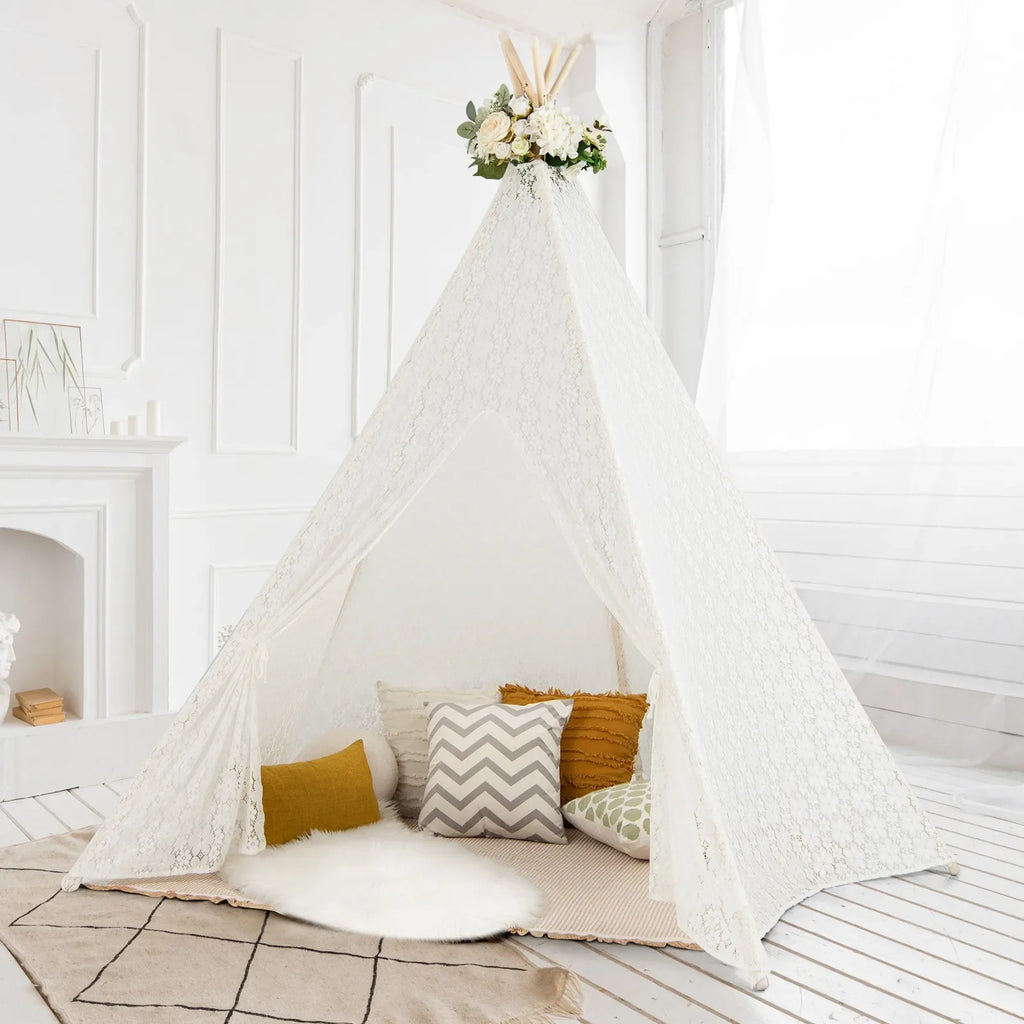 85" Height 5 Sides Huge Lace Teepee Tent for Kids Adult Wedding w/ Light Strings