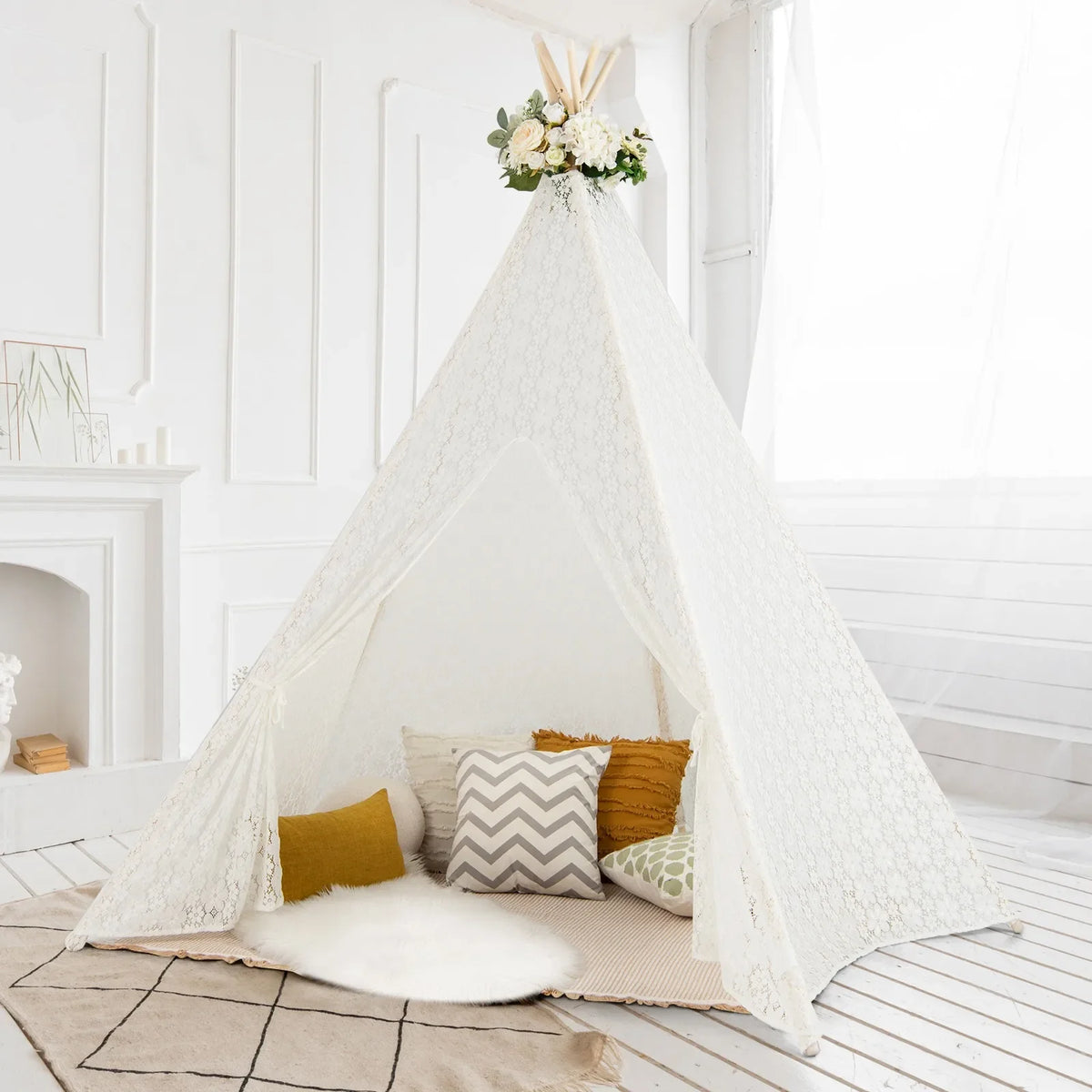 85" Height 5 Sides Huge Lace Teepee Tent for Kids Adult Wedding w/ Light Strings