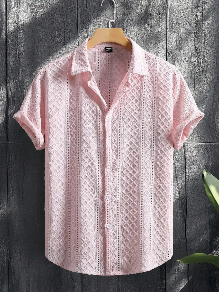 Men's Casual Short Sleeve Shirt with Textured Diamond Pattern, Lightweight Breathable Fabric for Summer Vacation