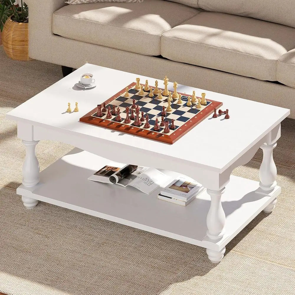 armhouse Coee Table with Storage, Century Coee Tables or Living Room, 47 inch ern 2-Tier White Coee Table with Solid Wood Legs,