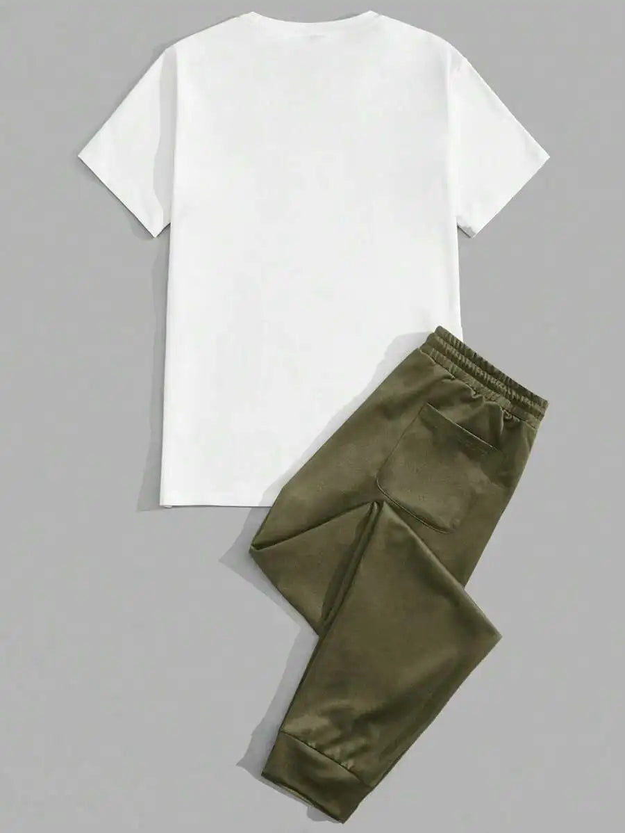 Men's 2-Piece Casual Set: White Short Sleeve Tee with Bird Graphic + Olive Drawstring Joggers