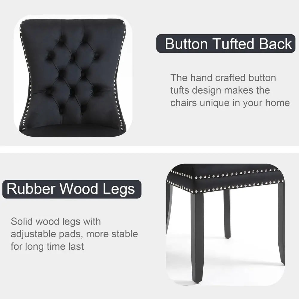 Luxury Velvet Upholstered Dining Chairs with Nailhead Trim and Ring Pull, Set of 2, Black
