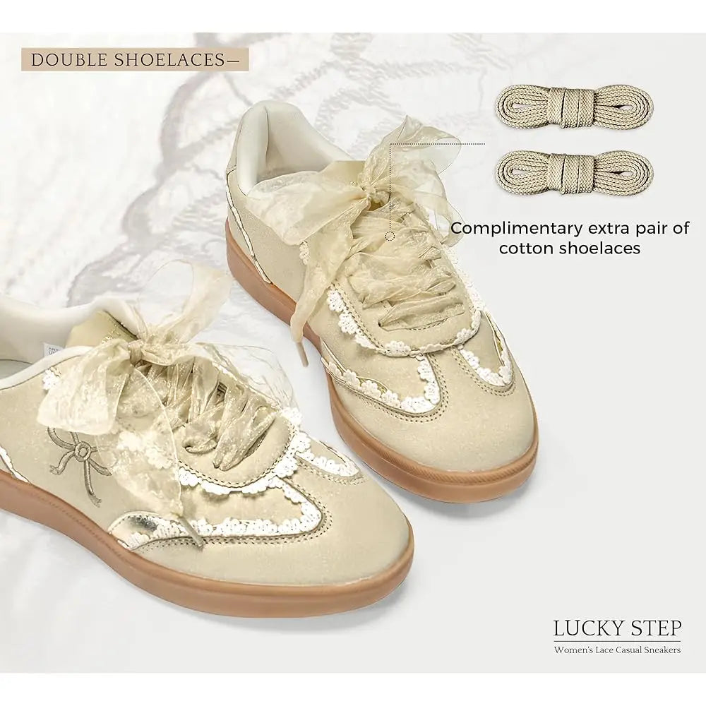 Women’s Lace Detail Casual Sneakers Organza Ribbon Lace-Up Fashion Vintage Gum Sole Trendy Cute Shoes