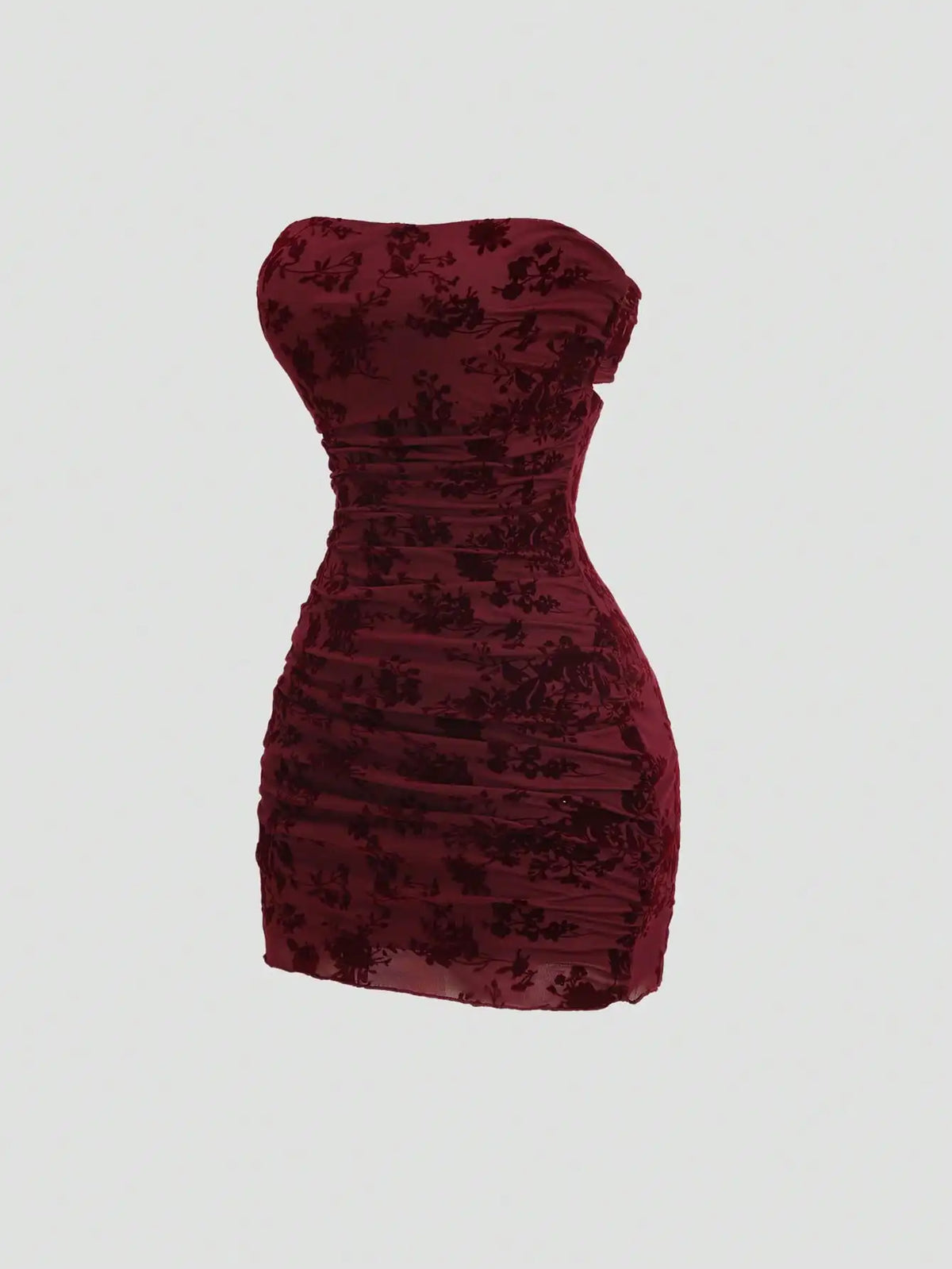 Black Velvet Floral Print Strapless Ruched Mini Dress for Women