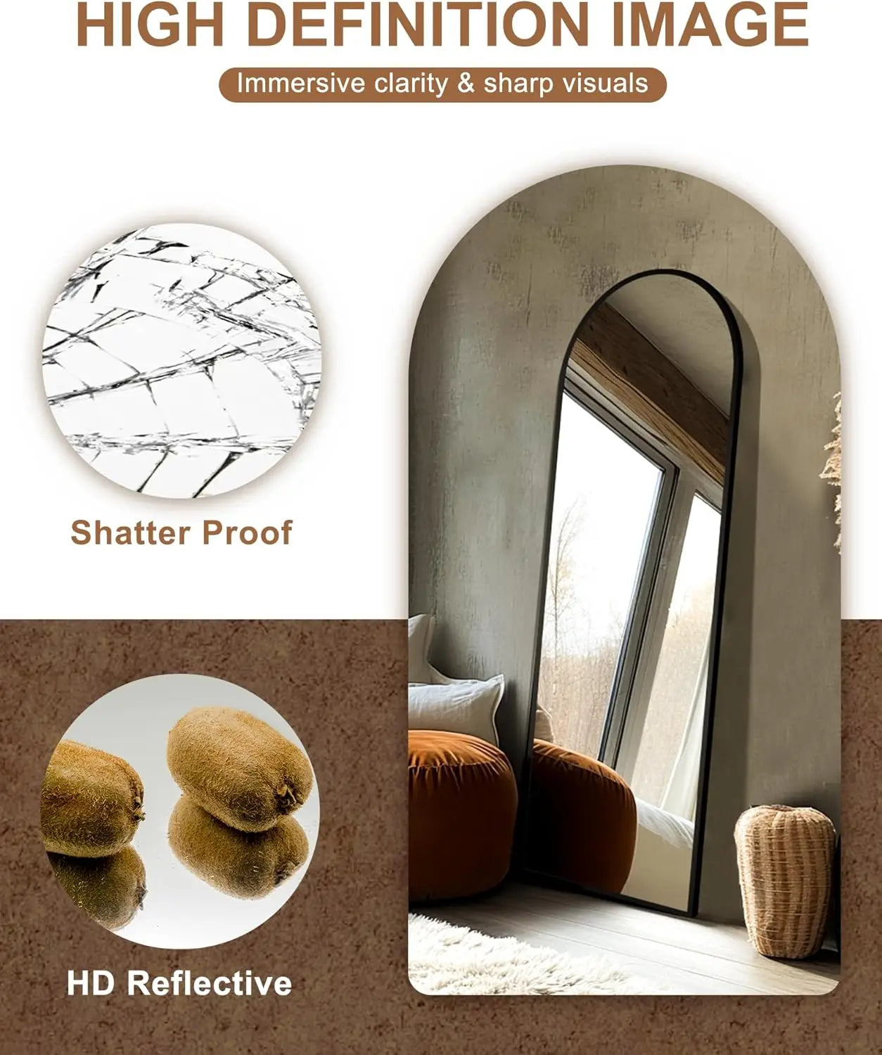 Full Length Mirror with Aluminium Frame, Large Floor Mirror for Bedroom, Bathroom, Living Room (Stand, Arch 69x24, Black)