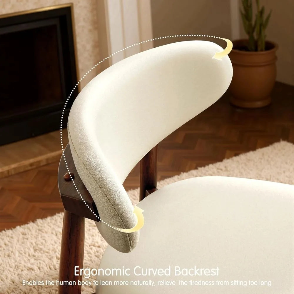 Set of 6 Upholstered Solid Wood Dining Chairs, Beige Fabric with Ergonomic Curved Back