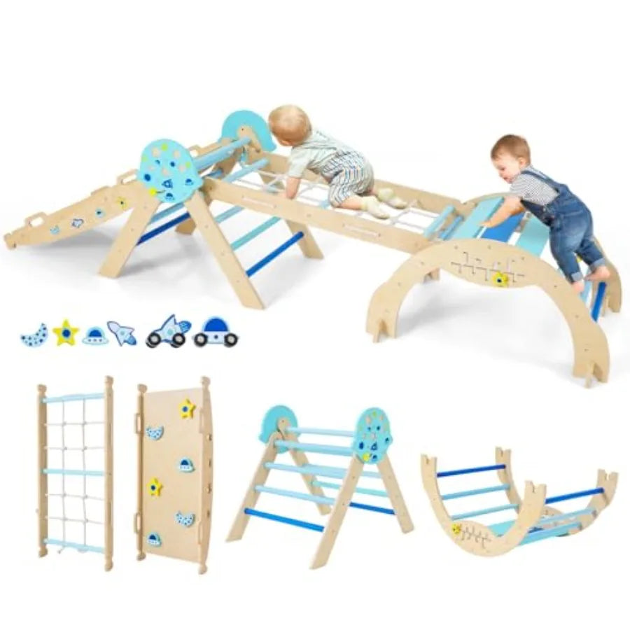 Pikler Triangle Set 9-in-1 Foldable Baby Climbing Toys Wood Montessori Climbing Set for Learning and Motor Skills Indoo