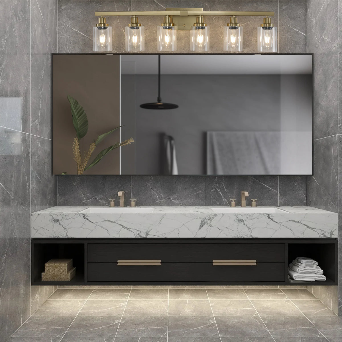 6 Lights Gold Bathroom Vanity Mirror Wall Sconce with Glass Shade Mirror Front Lights Minimalist Style for Bedroom Dressing Room