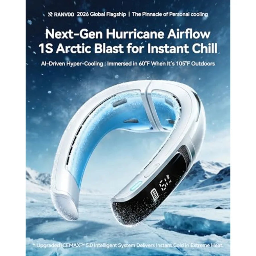 AI Neck Air Conditioner for Summer 2026 White Rechargeable Neck Fan with 6000 mAh Battery Real AC Cold Blast Cooling Durable Im