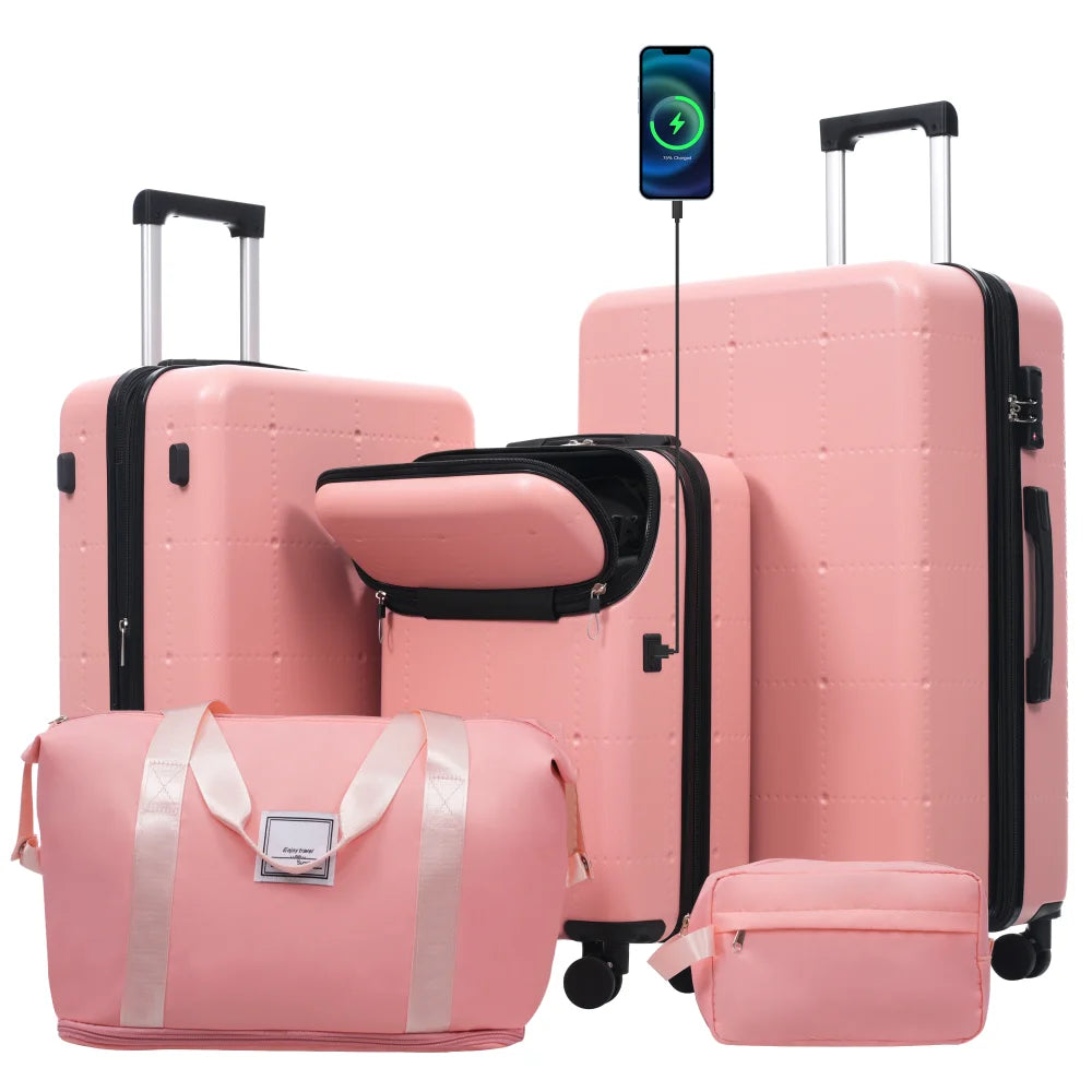 Hardside Luggage Set 5 Piece with Bags 20" Half-opening Carry on With USB Port Expandable 24"/28" Double Spinner Wheels TSA Lock