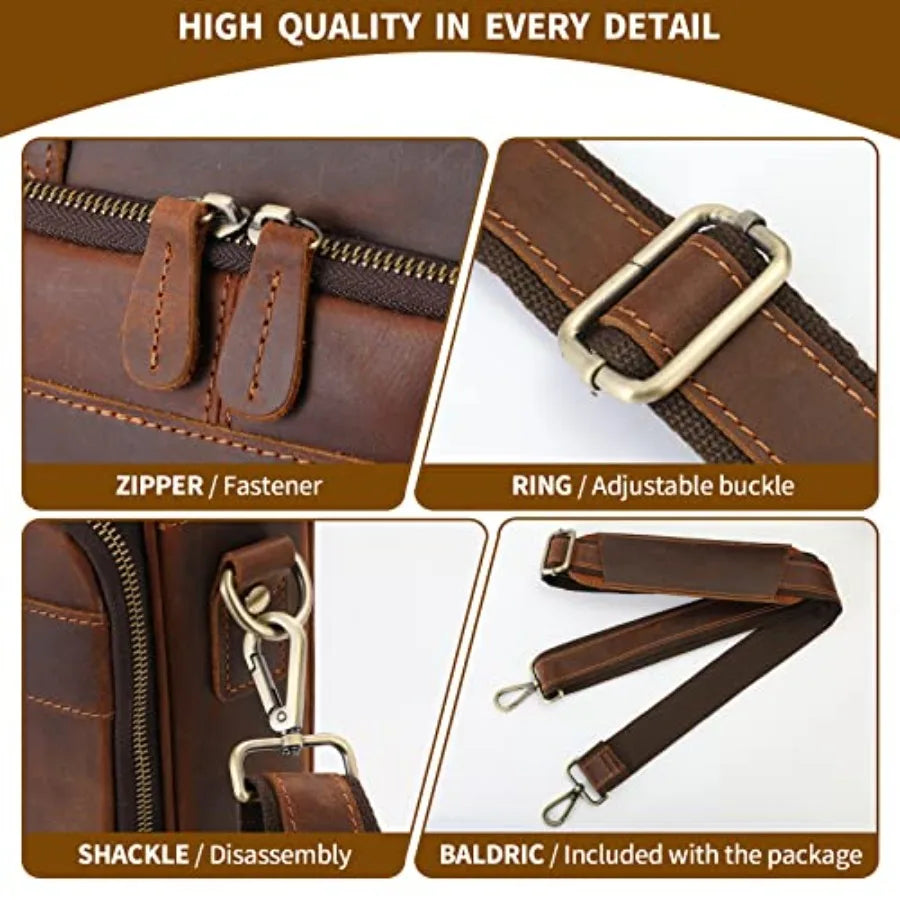 Full Grain Leather Briefcase for Men Business Messenger Bag Laptop Case Fits 15.6 Inch Laptop Brown Premium Quality Durable Des