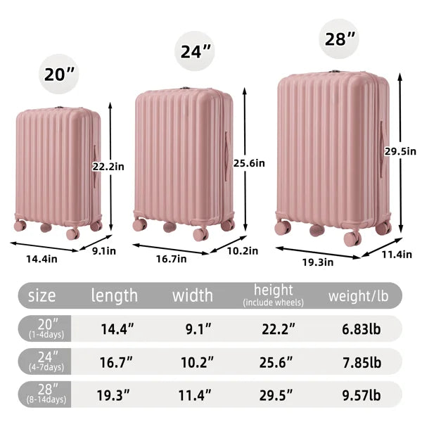 20 /24 /28  3 pcs/set in ABS Spinner Wheel Luggage, Carry on Suitcase, with Cup Holder & USB Port & Phone Holder (Pink) Upgraded