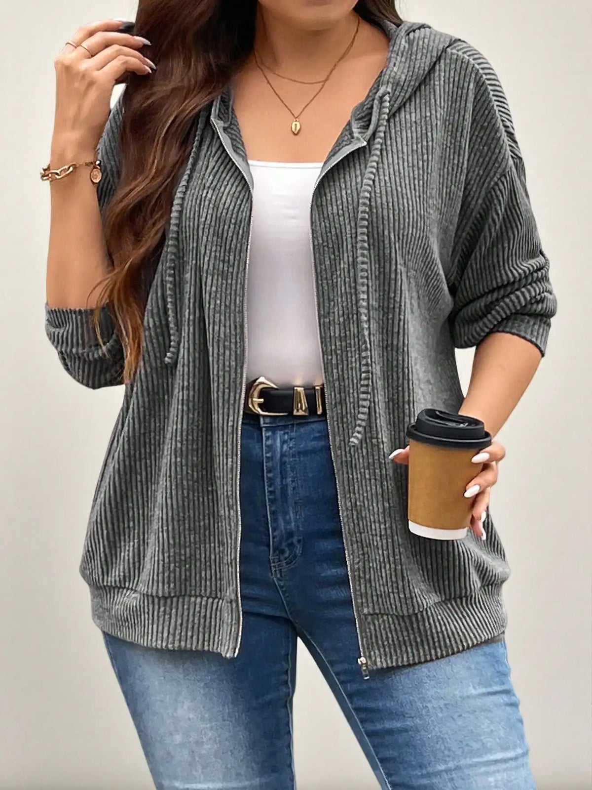 Gray Ribbed Drop Shoulder Zip-Up Hoodie with Drawstring for Spring Fall Casual Wear
