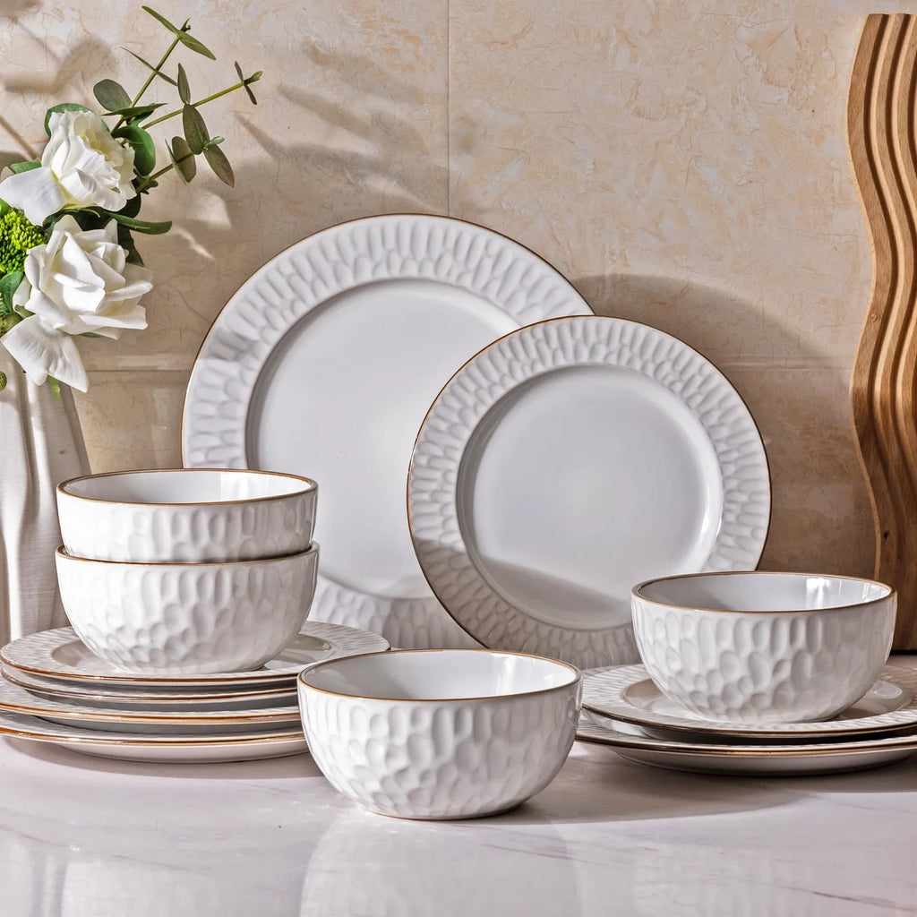 Ceramic Tableware Set12 Piece Elegant Embossed Ceramic Dinnerware Set with Plates and Bowls for Modern Tabletop Styling