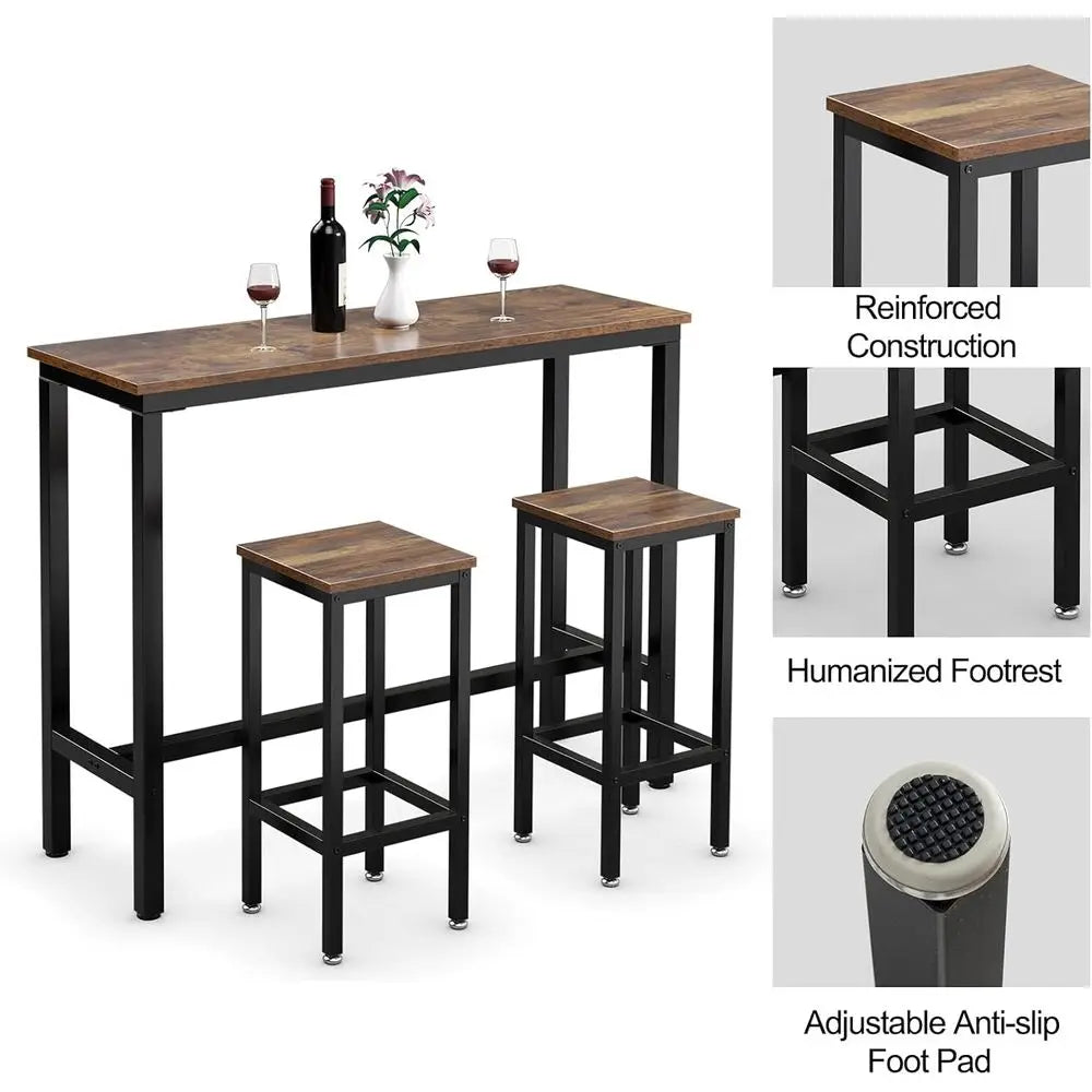 Rustic Brown 39.5 Pub Table with 2x 28 Counter Height Stools, Breakfast or Bistro Dining Set