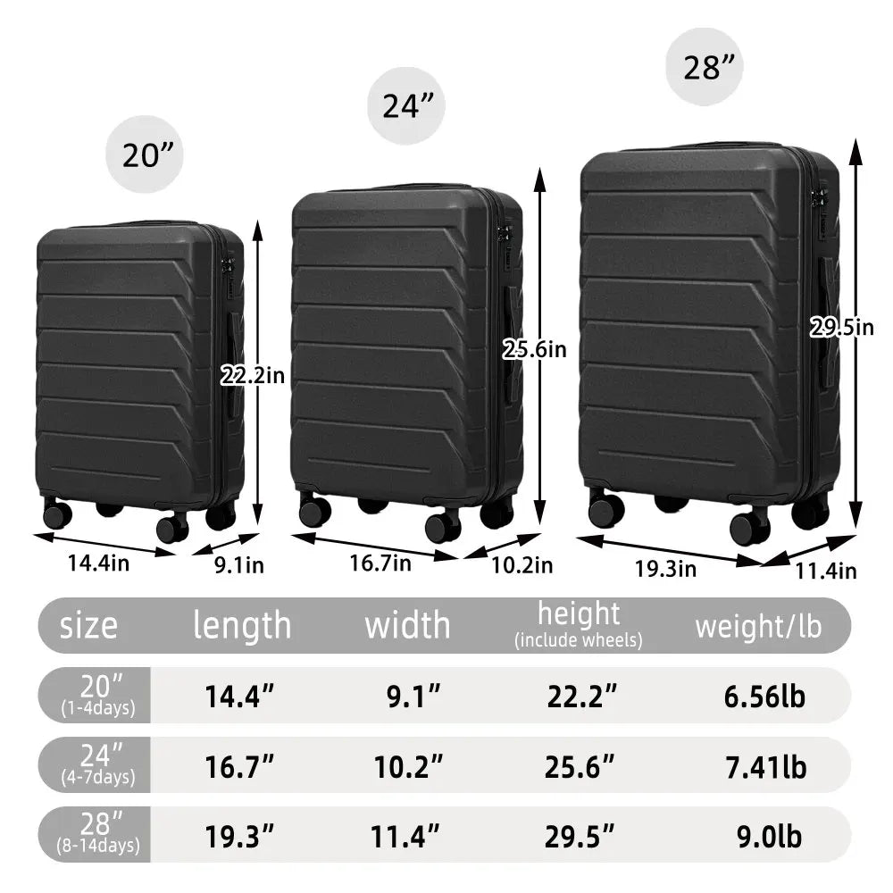 3 Piece Travel Luggage Set 20/24/28 Inch Spinner Wheels with Combination Lock Lightweight Hard Shell Suitcase