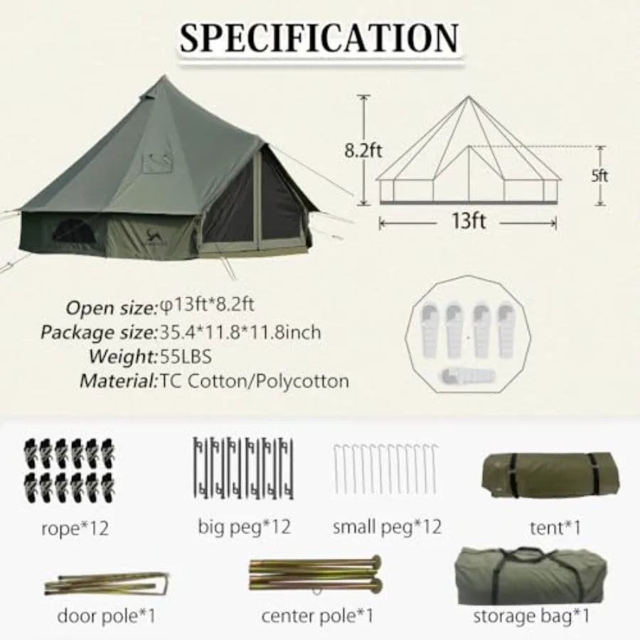 TOMOUNT Canvas Tent Bell Tent Yurt with Stove Jack Zipped Removable Floor for Glamping Truck Car Camping