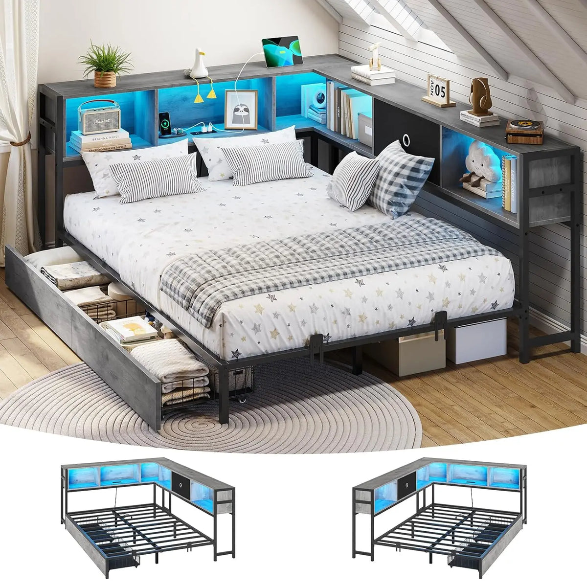 Corner Full Bed Frame LED Bookcase Storage Drawers Charging Station Metal Platform Daybed Bedroom Guest Room Oak Gray, Customize