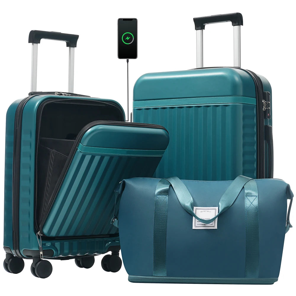 3PCS Front Opening Hardside Expandable Luggage Set Carry on Suitcase USB Port TSA Lock Spinner Wheels & Handle Bag