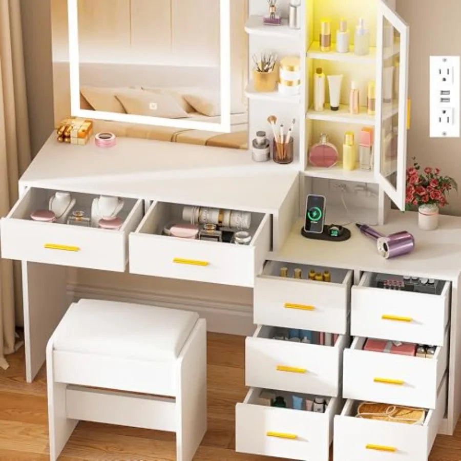 51.8" White Vanity Desk Mirror LED 3 Color RGB 8 Drawers Charging Station Stool Shelves Bedroom Makeup Table, Customized
