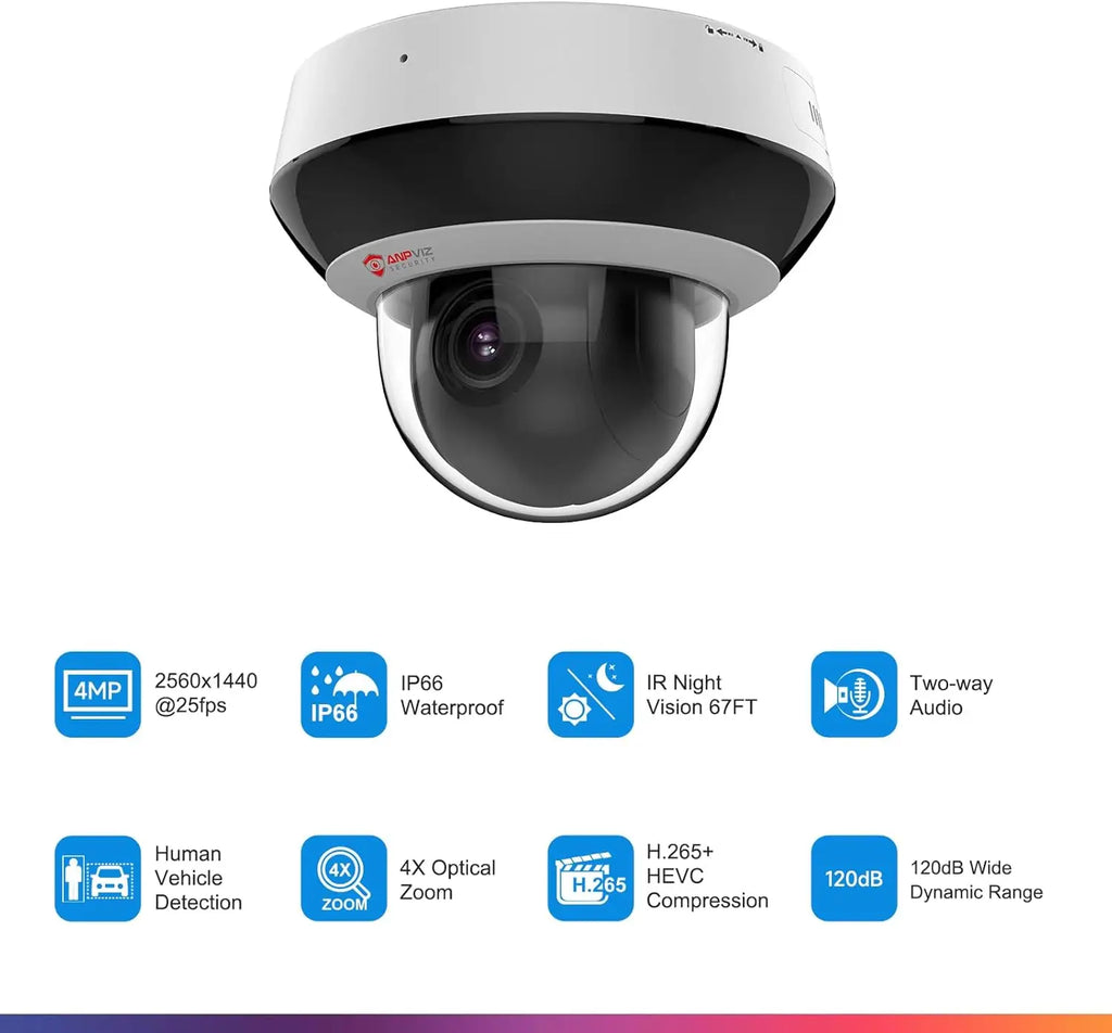 4MP PoE PTZ Security Camera with 4X Optical Zoom, AI Human/Vehicle Detection, Night Vision, Two-Way Audio