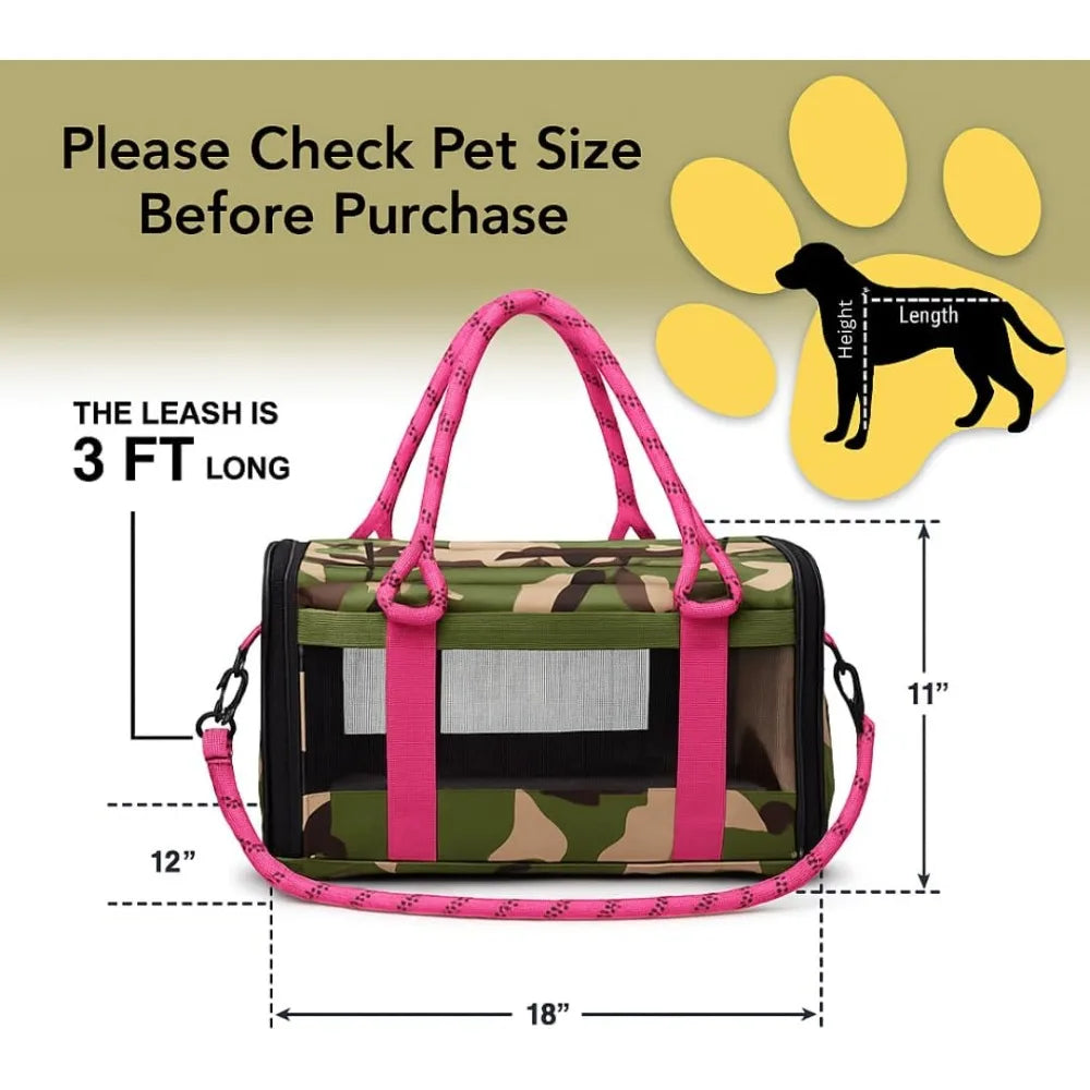 Soft Sided Pet Carrier, Cat Carrier, Dog Carrier, Pets Up to 15 lbs, Leash & Luggage Strap, Camo Pin