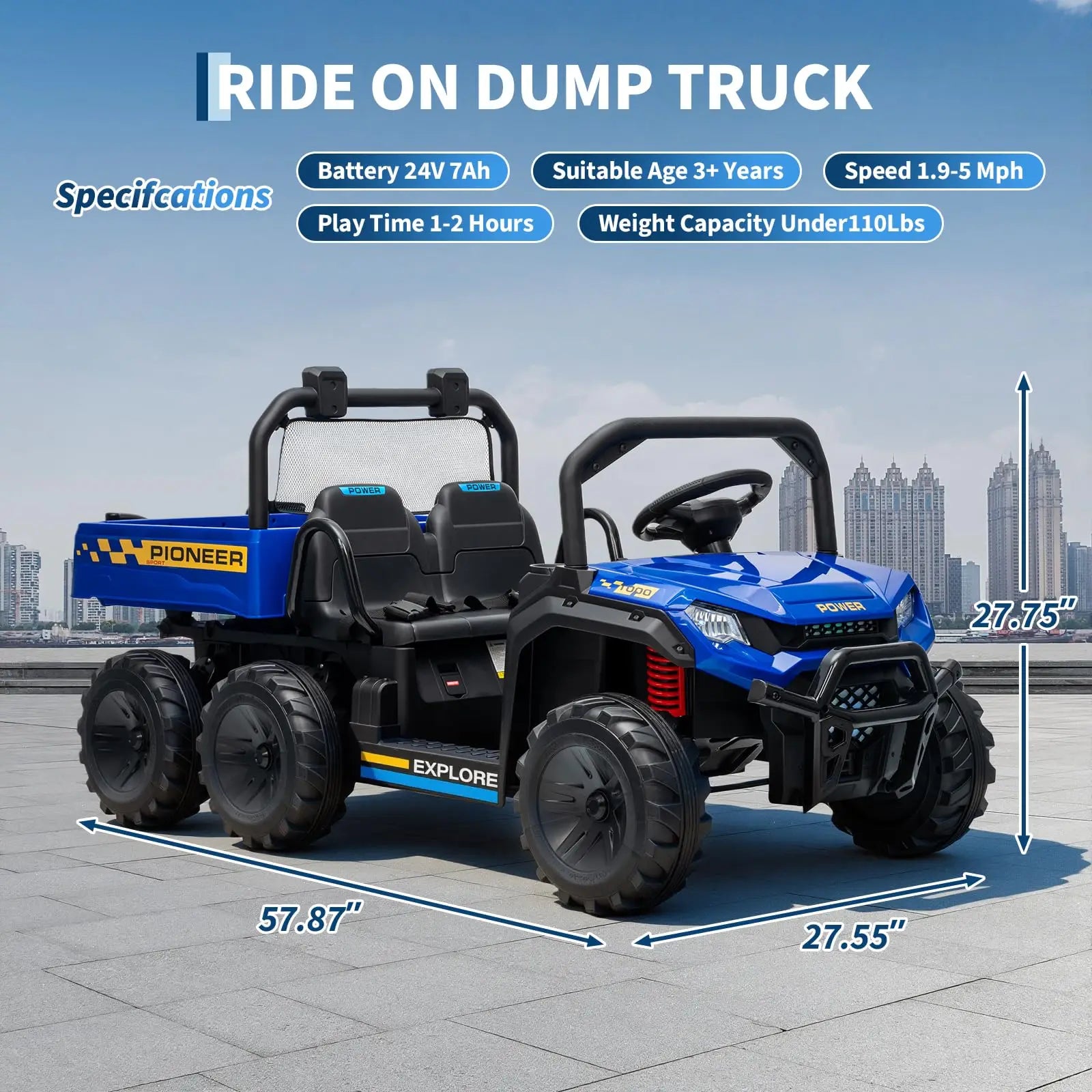 24V 2 Seater Kids Ride on Toy, 4WD 3 Speeds Electric Dump Truck With Remote Control For Children 4-8