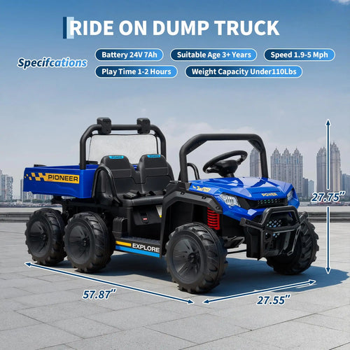 24V 2 Seater Kids Ride on Toy, 4WD 3 Speeds Electric Dump Truck With Remote Control For Children 4-8