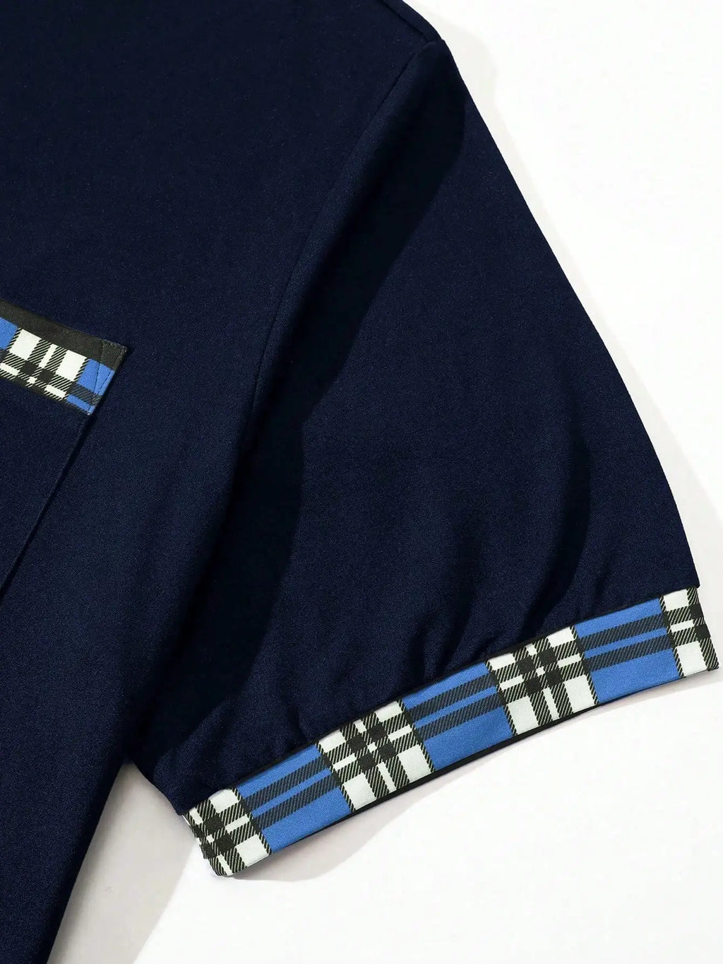 Navy Blue Men's Short Sleeve Polo Shirt with Plaid Trim Collar and Cuff