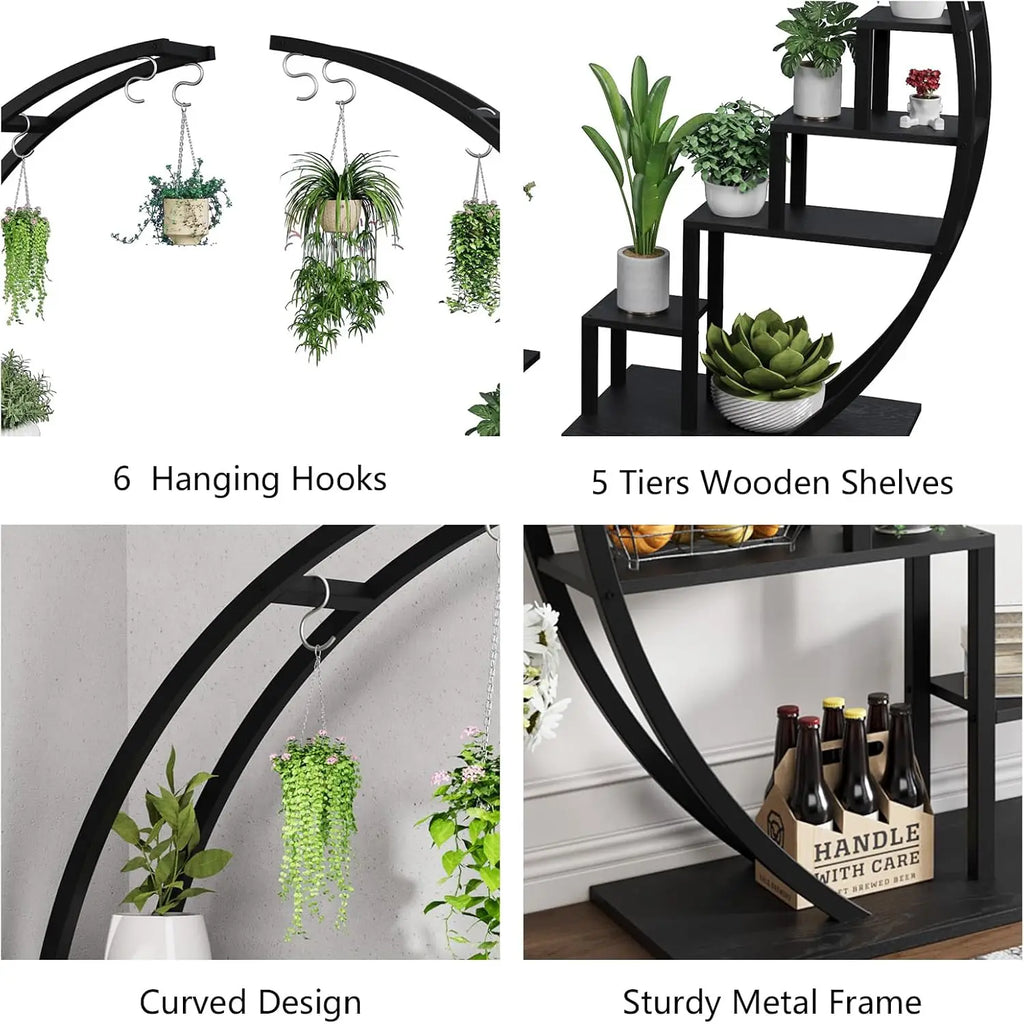 5-Tier Tall Metal Half Moon Plant Shelf, Space-Saving Indoor Flower Rack for Multiple Plants Display