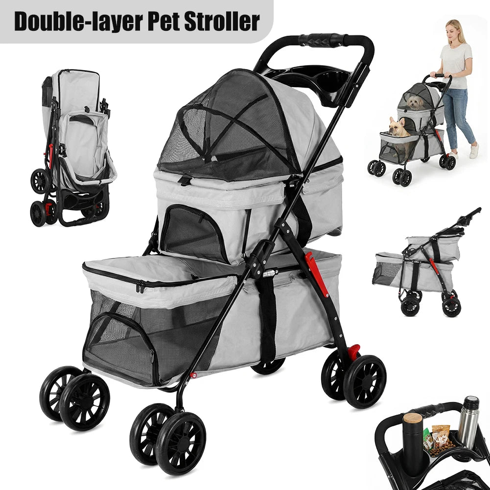 Cat Stroller for Dogs and Cats Foldable Cat Carrier with Safety Belts Cup Holder & Lockable Wheels for Daily Walks & Outdoor Use