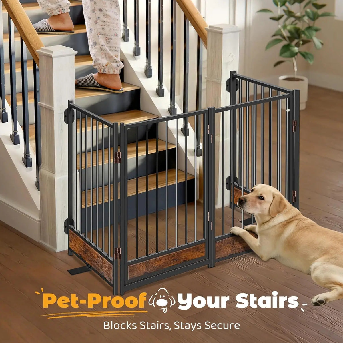 Freestanding Dog Gate with Door, Metal & Wood, 81'' Wide 32'' Tall, Foldable Safety Fence for Indoor/Outdoor Use
